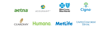 Collage of accepted dental insurance logos: aetna, Assurant, Blue Cross Blue Shield, Cigna, Guardian, Humana, Metlife, United Concordia Dental